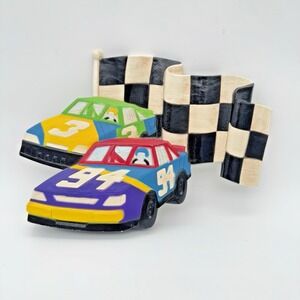 HOMCO Childrens Wall Decor Racecar Checkered Flag Molded Colorful Plaque